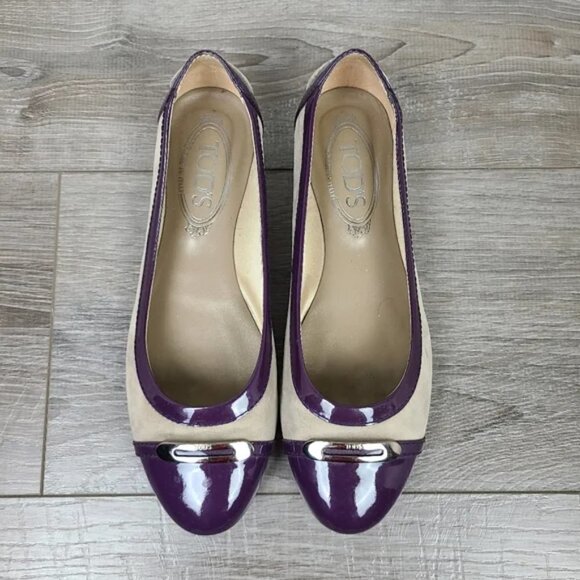 TODS Cream Suede & Purple Patent Leather Embellished Cap Toe Ballet Flats Sz 5.5 - Picture 4 of 15